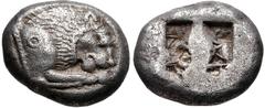 Greek LYCIA, Oinoanda. Circa 200 BC. AR Didrachm (20mm, 8.19 g, 1h). Laureate head of Zeus right; B (erased in die) and scepter to left / Eagle standing right on thunderbolt; Γ to left; to right, swor