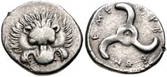 Greek DYNASTS of LYCIA. Trbbenimi. Circa 390-375 BC. AR Third Stater (17mm, 3.02 g). Wedrei mint. Lion scalp facing / Triskeles. Podalia 158–70 (a9/p15); Müseler VIII, 25–7; Falghera 197–202; SNG von 