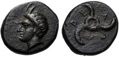 Greek DYNASTS of LYCIA. Perikles. Circa 380-360 BC. Æ (13mm, 2.21 g). Horned head of Pan left / Triskeles. Müseler VIII, 52–5; Falghera 219–23; SNG von Aulock 4257-8. VF, dark green patina, light roug