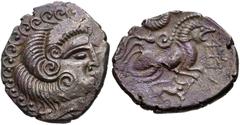 Celtic GAUL, Northwest. Coriosolites. Circa 100-50 BC. BI Stater (20.5mm, 6.68 g, 33h). Celtic head right, hair in large spiral curls, S-like ear / Celticized rider on horseback right; quadripartite s