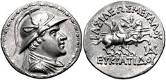 Oriental Greek BAKTRIA, Greco-Baktrian Kingdom. Eukratides I Megas. Circa 170-145 BC. AR Tetradrachm (33mm, 16.70 g, 12h). Diademed and draped bust right, wearing crested helmet adorned with bull's ho