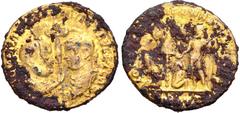Roman Imperial Licinius I, with Licinius II, Caesar. AD 308-324. Gilt Æ Follis (22mm, 3.46 g, 12h). Antioch mint, 7th officina. Struck AD 320-321. Half-length laureate busts of Licinius I, right, and 