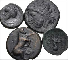 Large Lots GREEK. Magna Graecia & Sicily. Lot of four (4) bronzes of Apulia, Arpi. Includes: BMC 4 // BMC 6 // SNG Copenhagen 611 // SNG Copenhagen 646. Diameters from 14mm-20mm. Average VF, green pat