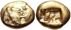 Greek KINGS of LYDIA. temp. Ardys – Alyattes. Circa 630s-564/53 BC. EL Trite – Third Stater (13.5mm, 4.58 g). Sardes mint. Head of roaring lion right, "sun" with four rays on forehead / Two incuse squ