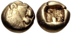 Greek KINGS of LYDIA. temp. Alyattes – Kroisos. Circa 620/10-550/39 BC. EL Hemihekte – Twelfth Stater (7mm, 1.16 g). Sardes mint. Head of roaring lion right, "sun" with no rays on forehead / Square pu
