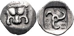 Greek DYNASTS of LYCIA. Aruwatijesi. Circa 400-370 BC. AR Sixth Stater (15mm, 1.34 g). Zagaba mint(?). Facing lion scalp / Triskeles within incuse square. Müseler VII 61–2 var. (mint signature on rev.