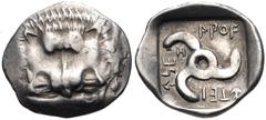 Greek DYNASTS of LYCIA. Aruwatijesi. Circa 400-370 BC. AR Twelfth Stater (12mm, 0.75 g). Zagaba mint. Facing lion scalp / Triskeles; Z (mint mark) in one section; all within incuse square. Müseler VII