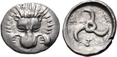 Greek DYNASTS of LYCIA. temp. Trbbenimi. Circa 390-375 BC. AR Sixth Stater (14.5mm, 1.57 g). Zemura (Limyra) mint. Facing lion scalp / Triskeles; ZEM (mintmark, in Lycian) around; all within incuse ci