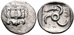 Greek DYNASTS of LYCIA. Mithrapata. Circa 390-370 BC. AR Sixth Stater (13mm, 1.44 g). Phellos(?) mint. Facing lion scalp / Triskeles; dolphin in one section; all within incuse square. Müseler VII 76–7