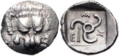 Greek DYNASTS of LYCIA. Mithrapata. Circa 390-370 BC. AR Sixth Stater (13mm, 1.24 g). Uncertain mint. Facing lion scalp / Triskeles; arrow in one section; all within incuse square. Müseler VII 86–8; S