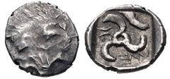 Greek DYNASTS of LYCIA. Mithrapata. Circa 390-370 BC. AR Twenty-fourth Stater (7mm, 0.27 g). Uncertain mint. Facing lion scalp / Triskeles; symbol (hoof?) in one section; all within incuse square. Müs