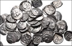 Large Lots GREEK. Asia Minor. Lot of fifty-one (51) Mithrapata AR Diobols. All coins: DYNASTS of LYCIA, Mithrapata. Circa 390-370 BC. AR Diobol. Facing lion's scalp / Triskeles within incuse square; v