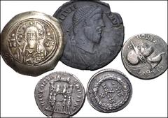 Large Lots MIXED. Lot of three (3) late Roman coins and (2) modern counterfeits. Includes: Galerius. AR Argenteus // Julian II. AR Siliqua and Æ 1 // And modern counterfeits of a Byzantine Michael VII