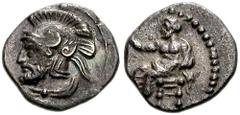 CILICIA, Tarsos. Pharnabazos, Satrap of Hellespontine Phrygia. 413-387 BC. AR Obol (10mm, 0.71 g, 9h). Struck 379-374 BC. Baaltars seated left, holding lotus tipped sceptre in right hand / Bearded and