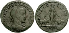 MOESIA SUPERIOR, Viminacium. Gordian III. 238-244 AD. Æ 30mm (20.94 g). Dated Year 4 (242/243 AD). Laureate, draped and cuirassed bust right, seen from behind / Moesia standing facing, head left; bull
