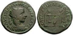 THRACE, Anchialus. Gordian III. 238-244 AD. Æ Pentassarion (30mm, 15.18 g). Radiate, draped and cuirassed bust right, seen from behind / Prize crown with two palms and a purse set on a table, vase bel