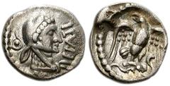 CELTIC BRITAIN, Trinovantes and Catuvellauni. Epaticcus. Circa 1-50 AD. AR Unit (12mm, 1.21 g, 4h). Head of Hercules right, wearing lion skin headdress; pellet in ring behind / Eagle standing facing, 