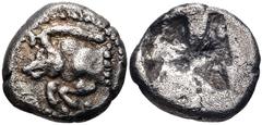 DYNASTS of LYCIA. Uncertain dynast. Circa 520-470/60 BC. AR Sixth Stater – Diobol (9.5mm, 1.10 g). 'Predynastic' period or Protodynastic Group A. Forepart of boar left / Incuse square. Cf. Falghera 25