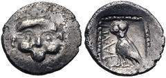 CILICIA, Mallos. Circa 440-390 BC. AR Tetartemorion (7mm, 0.19 g, 6h). Gorgoneion / Owl standing left; MAΛΛI to left; all in dotted square within incuse square. Unpublished in the standard references,