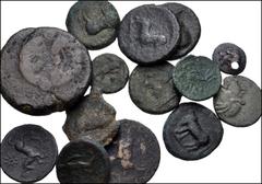 GREEK. Magna Graecia & Sicily. Lot of thirteen (13) miscellaneous bronzes and one (1) silver obol. Includes: APULIA, Arpi // Sicily, Gela (6 coins) // Sicily, Himera (3 coins, including the AR obol) /