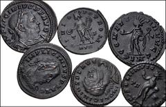 ROMAN. Imperial. Lot of six (6) Æ Folles of Licinius I and Constantine I. All 'Genius' types. A mix of London and Trier mints. Includes the following: Licinius I (4) // Constantine I (2). Good VF to E