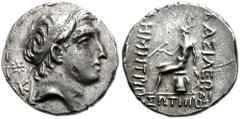 SELEUKID KINGS of SYRIA. Demetrios I Soter. 162-150 BC. AR Drachm (17mm, 4.11 g, 12h). Ekbatana mint. Struck circa 152-150 BC. Diademed head right; eight-pointed star and K behind / Apollo Delphios se
