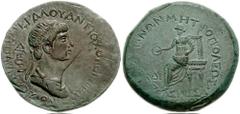 CILICIA, Anemourion. Antiochos IV of Commagene, with Iotape. 38-72 AD. Æ 28mm (12.91 g, 12h). Diademed and draped bust of Antiochos right / Iotape seated left, holding phiale and sceptre. SNG Levante 