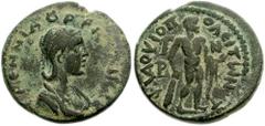 CILICIA, Flaviopolis. Orbiana. Wife of Severus Alexander. Æ 25mm (10.00 g, 12h). Dated CY 153 (225/6 AD). Daidemed and draped bust right / Hercules standing facing right, holding club and apple, lion 