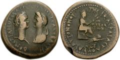 CILICIA, Mopsus. Domitian, with Domitia. 81-96 AD. Æ 30mm (13.16 g, 12h). Dated CY 161 (93/4 AD). Laureate head of Domitian right, vis-à-vis draped bust of Domitia left / Tyche seated right, holding g