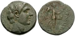 CILICIA, Soli-Pompeiopolis. After 66 BC. Æ 19mm (5.95 g, 12h). Bare head of Pompey (or M. Antony?) right; A to left / Nike advancing right, holding wreath and palm; AP at right. SNG Levante 882 (this 