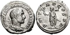 GORDIAN I. 238 AD. AR Denarius (19mm, 2.76 g). Laureate, draped and cuirassed bust right, seen from behind / Gordian, standing facing, head left, holding branch in right hand and a short sceptre in le
