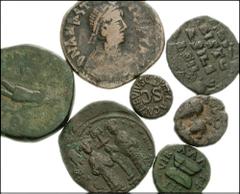 [Roman Imperial and Byzantine] 1st century BC-11th century AD. Lot of seven (7) Æ. Augustus. Quadrans (2) // Commodus. Sestertius // Anastasius I. Follis // Heraclius. 12 Nummi // Anonymous Class A1 (