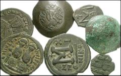 MIXED LOT . Lot of seven BI Æ. Lot includes the following: Justin II. Æ Follis. Nicomedia mint (2) // Constantine V and Leo IV. Æ Follis. Syracuse mint // Michael II and Theophilus. Æ Follis. Syracuse