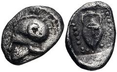 Greek WESTERN ASIA MINOR, Uncertain. 5th century BC. AR Hemiobol or Tetartemorion (7mm, 0.31 g, 6h). Crested helmet left, bowl ornamented with a serpent / Amphora within incuse square. Unpublished in 