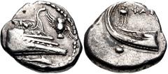 Greek LYCIA, Phaselis. 4th century BC. AR Stater (22mm, 10.27 g, 12h). Prow of galley right, fighting platform decorated with lion at bay right; to right, owl flying upward left, wings displayed; belo