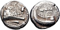 Greek LYCIA, Phaselis. 4th century BC. AR Stater (22mm, 10.30 g, 5h). Prow of galley right, fighting platform decorated with lion at bay right; to right, owl flying upward left, wings displayed; below