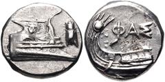 Greek LYCIA, Phaselis. 4th century BC. AR Stater (20.5mm, 10.44 g, 2h). Prow of galley right, fighting platform decorated with facing gorgoneion; to right, cicada upward / Stern of galley left; ΦAΣ ab
