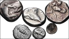Large Lots GREEK. Miscellaneous. Lot of six (6) AR fractions. Includes: IONIA, Ephesos. AR Diobol // LYCIA, Phaselis. AR Third Stater and Tetrobol // SOUTHERN ASIA MINOR, Uncertain. AR Tetartemorion(?
