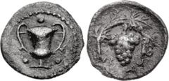Greek SICILY, Naxos. Circa 415 BC. AR Trionkion – Tetras (7mm, 0.11 g, 1h). Kantharos; three pellets (mark of value) around / Grape bunch on vine. Cahn –; Campana 33A/b; Manganaro pl. 24, 40 = Münzen 