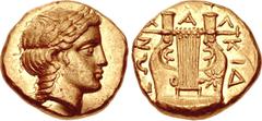 Greek MACEDON, Chalkidian League. Circa 365-359 or 357-348 BC. AV Stater (17mm, 8.62 g, 12h). Olynthos mint. Head of Apollo right, wearing laurel wreath, with long hair in a single plait down the back