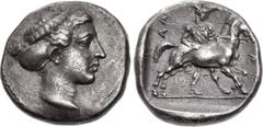 Greek THESSALY, Larissa. Circa 410-405 BC. AR Drachm (18mm, 5.91 g, 12h). Head of the nymph Larissa right, hair in sakkos / Thessalos standing right in background, restraining horse running right in f