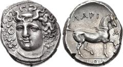 Greek THESSALY, Larissa. Circa 356-342 BC. AR Stater (21mm, 11.90 g, 1h). Late facing head type. Head of the nymph Larissa facing slightly left, hair in ampyx / Horse prancing right. L-S type 2, serie