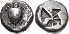 Greek ISLANDS off ATTICA, Aegina. Circa 525/0-500 BC. AR Stater (18mm, 12.39 g). Sea turtle with thin collar and row of dots down its back / Incuse square of "Union Jack" pattern with eight incuse seg