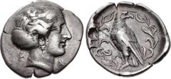 Greek ELIS, Olympia. 105th Olympiad. 360 BC. AR Hemidrachm (17mm, 2.80 g, 5h). Head of the nymph Olympia right / Eagle standing left, head right, within wreath. BCD Olympia 124 (this coin). VF, toned.