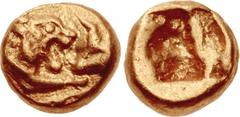 Greek KINGS of LYDIA. Kroisos. Circa 560-546 BC. AV Twenty-Fourth Stater (5mm, 0.32 g). Light standard. Sardes mint. Struck circa 550-546 BC. Confronted foreparts of lion right and bull left / Incuse 