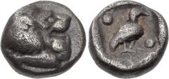 Greek CARIA, Mylasa(?). Circa 420-390 BC. AR Tetartemorion (6mm, 0.26 g, 9h). Forepart of lion left, head right / Bird standing right; pellet to upper left and lower right; all within incuse square. S
