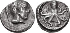 Greek LYCIA, Gagai. Circa 430-420 BC. AR (13mm, 2.44 g, 1h). Helmeted head of Athena right / Octopus; GAKhE in Lycian, partially inverted, around; all within shallow incuse circle. O. Carruba & N. Vis
