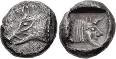 Greek DYNASTS of LYCIA. Uncertain dynast. Circa 490/80-440/30 BC. AR Trihemiobol(?) (9mm, 1.11 g, 4h). Protodynastic series, group B. Head of boar left / Head of man-headed bull right within incuse sq