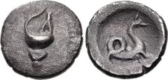 Greek DYNASTS of LYCIA. Uncertain dynast. Circa 380-370 BC. AR Obol (10mm, 0.56 g, 12h). Murex shell / Sea serpent (ketos?). CNG 70, lot 305; otherwise unpublished. VF, toned, porous. Extremely rare. 