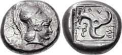 Greek DYNASTS of LYCIA. Vekhssere I. Circa 450-430/20 BC. AR Stater (17mm, 8.15 g, 6h). Head of Athena right, wearing crested Corinthian helmet / Triskeles; name in Lycian around, diskeles to lower le